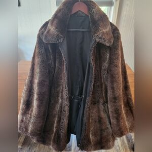 Women's Black Coat Jacket By Regent Park  Reversible W Brown Faux Fur L NWOT